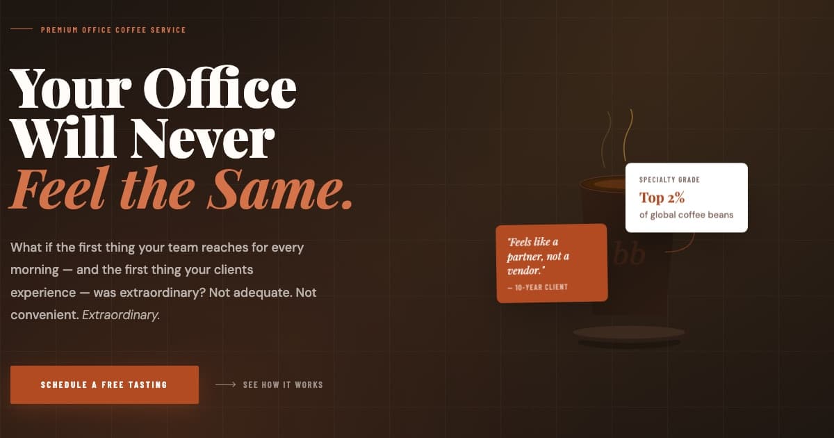 Screenshot of the busybeancoffee.com homepage hero with the headline “Your Office Will Never Feel the Same” and a Schedule a Free Tasting button