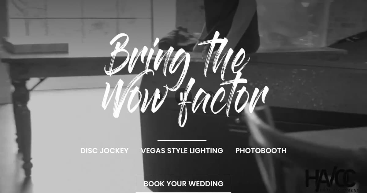 havocdfw.com homepage screenshot: “Bring the Wow factor” script headline over a black-and-white video still, three service labels, and a Book Your Wedding button