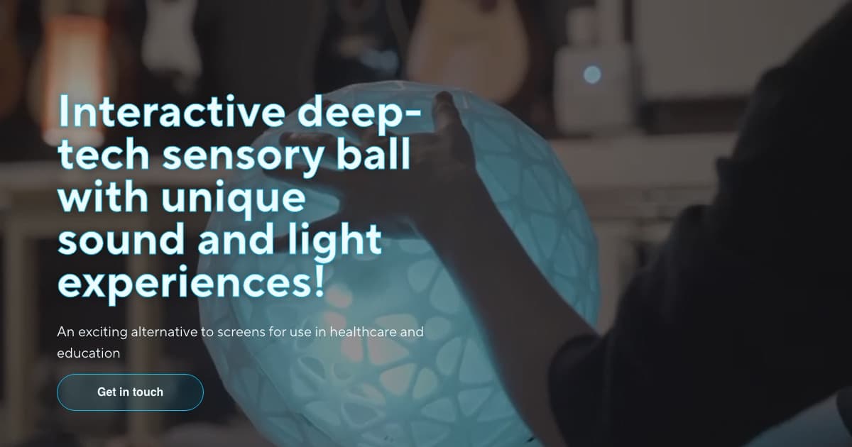 Screenshot of the muzziball.no homepage: a hand holding a glowing blue Muzziball beside the headline “Interactive deep-tech sensory ball with unique sound and light experiences”