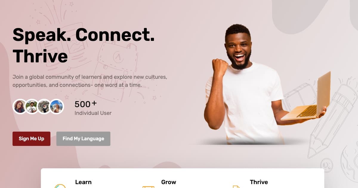Screenshot of the Alpha Language Centre learning platform homepage (alphalanguagecentre.com) showing the “Speak. Connect. Thrive” hero, a 500+ individual users counter and the Sign Me Up button