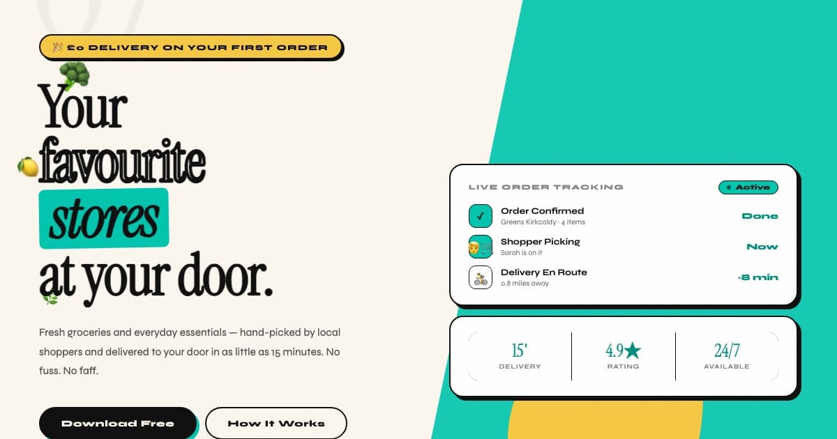 Screenshot of the kwikemart.co.uk homepage: £0 first-order delivery banner, “Your favourite stores at your door” headline, a live order tracking card, and 15-minute delivery, 4.9 rating and 24/7 tiles