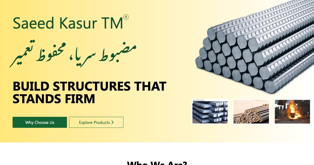 Screenshot of the madinasteelindustry.com homepage hero: Saeed Kasur TM wordmark, Urdu tagline, the “Build structures that stands firm” headline, two call-to-action buttons, and bundled steel bars
