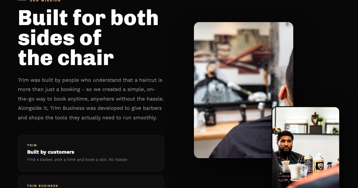 Screenshot of the trimworldwide.co.uk mission section, headed “Built for both sides of the chair”, with two barbershop photos and the Trim and Trim Business product cards