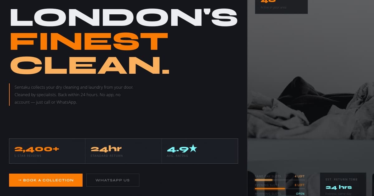 Screenshot of the Maurice Colp Dry Cleaner landing page (mauricecolpdrycleaner.com) with the dark “London’s Finest Clean.” hero, Book a Collection and WhatsApp Us buttons, and stat tiles reading 2,400+ 5-star reviews, 24hr standard return, and 4.9 average rating