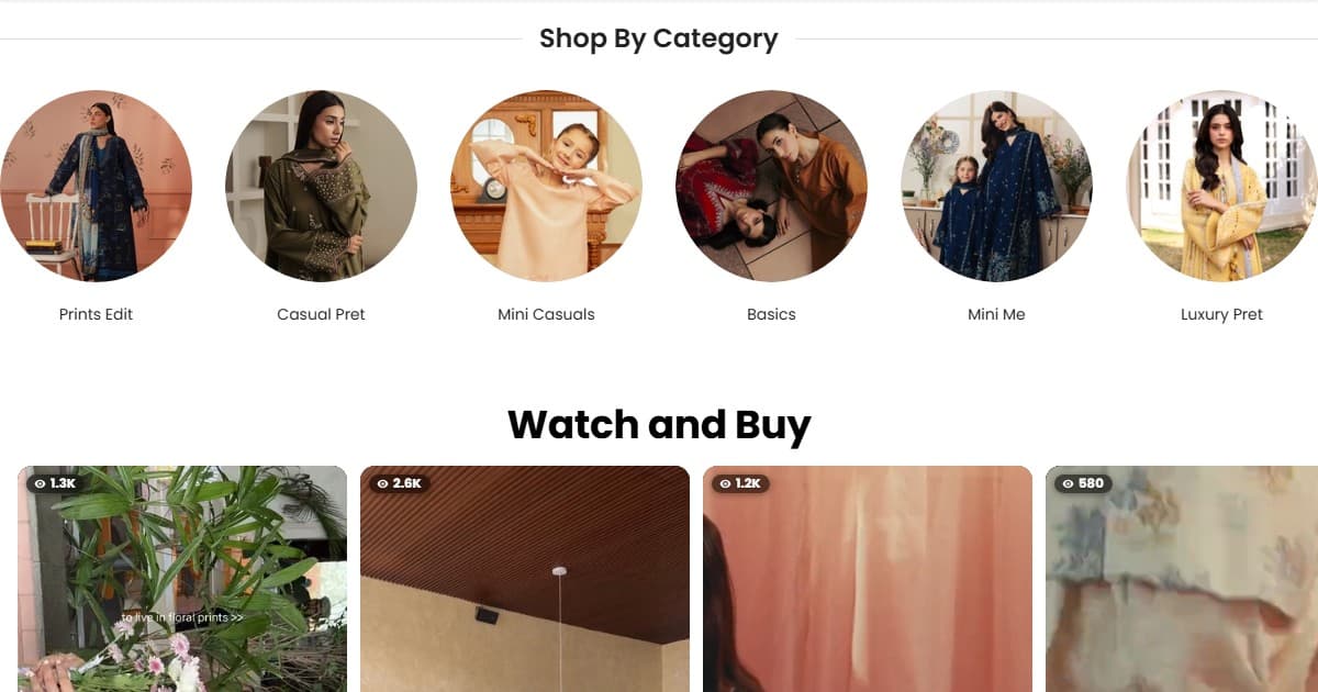 shopatziva.com homepage screenshot: the Shop By Category section with model photos for Prints Edit, Casual Pret, Mini Casuals, Basics, Mini Me, and Luxury Pret, above a Watch and Buy video row